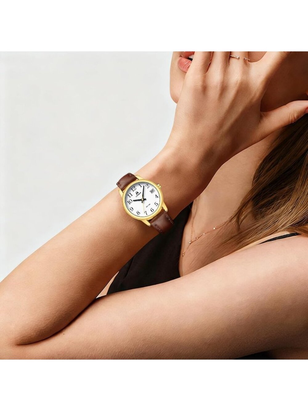 Women's Dark Brown Gold White Analog Waterproof Easy Reader Leather Strap Watch - Picture 6 of 6